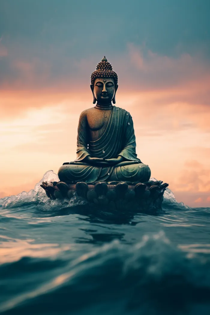 Lord Buddha meditating on a lotus pedestal floating over dark teal ocean waves under a warm sunset sky. | PrintPosters.in